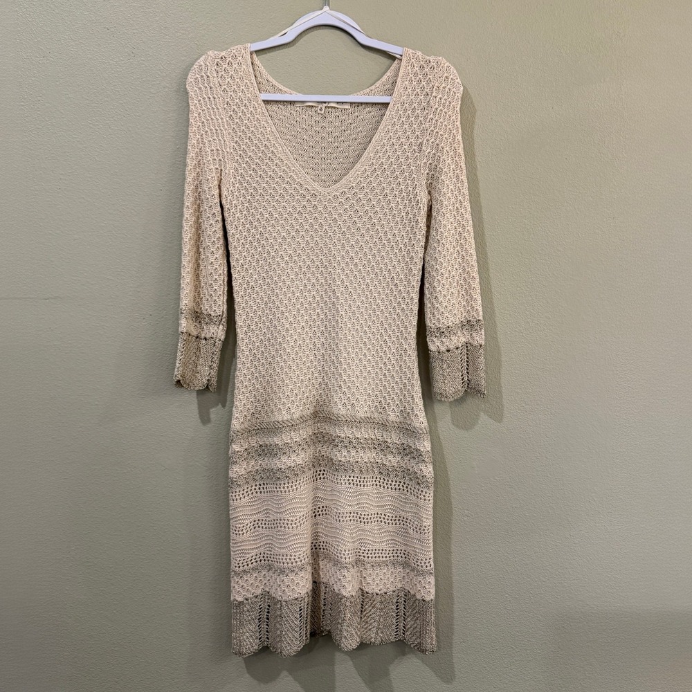 Rachel Roy Crochet Knit V-Neck Sheath Dress M Festival Cream Metallic Gold